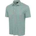 The Greg Norman Men’s ML75 Recycled Microlux Yarn-Dye Stripe Polo in Birdie Green/White features short sleeves, a collar, three buttons at the neckline, and is displayed on a plain white background.