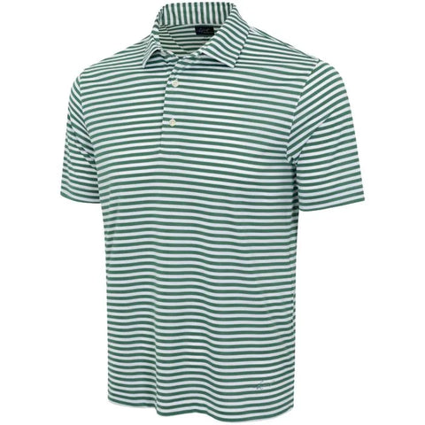 The Greg Norman Men’s ML75 Recycled Microlux Yarn-Dye Stripe Polo in Birdie Green/White features short sleeves, a collar, three buttons at the neckline, and is displayed on a plain white background.