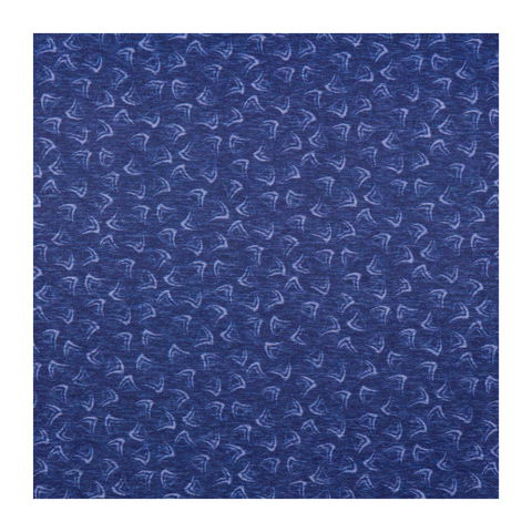 Close-up detail of deep sea blue fabric with subtle light blue shark fin pattern, Greg Norman men's golf polo.
