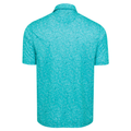 The Greg Norman Men’s ML75 Shark Frenzy Print Polo in Aquamarine is shown from the back, with a subtle white speckled pattern and moisture-wicking technology for comfort.