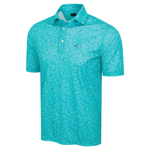 The Greg Norman Men’s ML75 Shark Frenzy Print Polo in aquamarine features a subtle white abstract pattern, button-up collar, small chest pocket, and moisture-wicking fabric for all-day comfort.