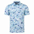 Greg Norman men's aqua, seafoam and navy marble print golf polo, front view