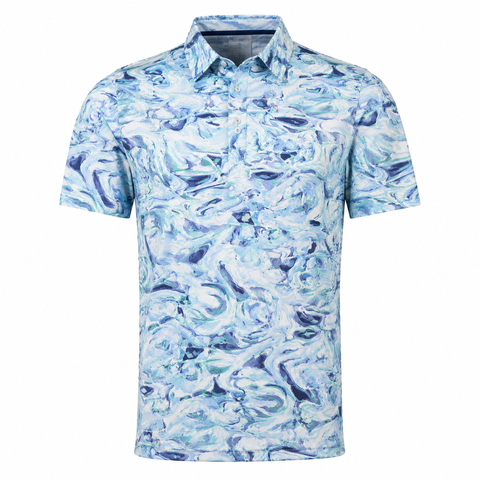 Greg Norman men's aqua, seafoam and navy marble print golf polo, front view