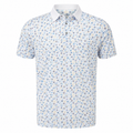 Greg Norman men's white golf polo with blue, gold and charcoal radial print, front view