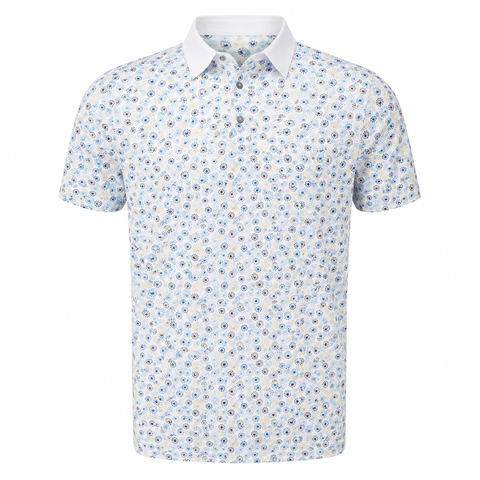 Greg Norman men's white golf polo with blue, gold and charcoal radial print, front view