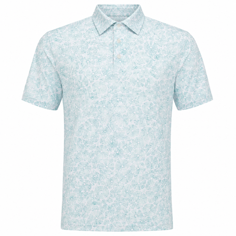 Greg Norman men's Sea Tint golf polo with overlapping sea-urchin print, front view