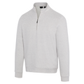 The Greg Norman Men’s Weatherknit Lined Quarter-Zip Wind Sweater is a light gray, long-sleeved golf pullover with ribbed cuffs and waistband, shown on a plain white background for a simple, casual look.