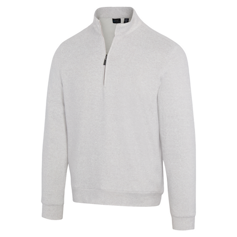The Greg Norman Men’s Weatherknit Lined Quarter-Zip Wind Sweater is a light gray, long-sleeved golf pullover with ribbed cuffs and waistband, shown on a plain white background for a simple, casual look.
