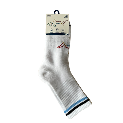 Greg Norman Mid Crew Stripe Socks in white with blue and black stripes, featuring embroidered mountain designs—displayed in Greg Norman packaging with a shark illustration.
