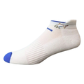 Greg Norman No Show Comfort Golf Socks | 3-Pack in White/Blue feature a blue toe, small embroidered shark near the cuff, and comfortable arch support for subtle style on the golf course.