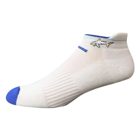 Greg Norman No Show Comfort Golf Socks | 3-Pack in White/Blue feature a blue toe, small embroidered shark near the cuff, and comfortable arch support for subtle style on the golf course.