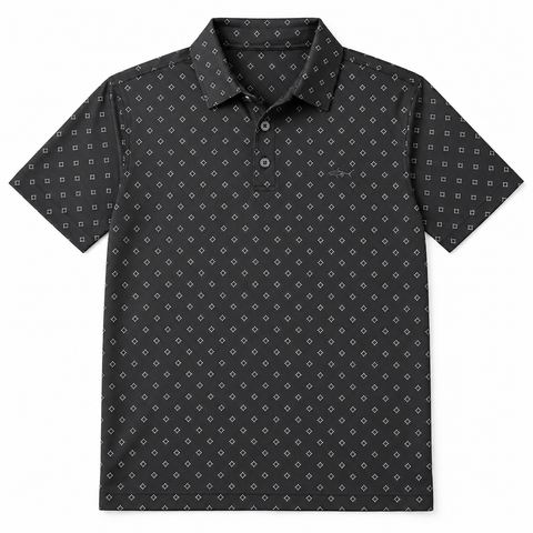 Greg Norman Pro Series men's golf polo in black with white geometric print - front view