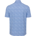 Greg Norman Shark Tail Matrix men’s golf polo in light blue/navy, full back view.