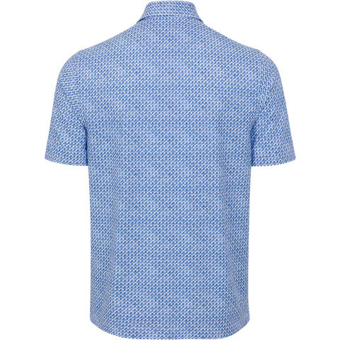 Greg Norman Shark Tail Matrix men’s golf polo in light blue/navy, full back view.