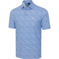 Greg Norman Shark Tail Matrix men’s golf polo in light blue/navy, full front view.