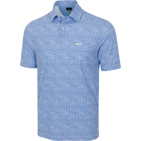 Greg Norman Shark Tail Matrix men’s golf polo in light blue/navy, full front view.
