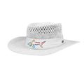 The Greg Norman Signature Straw Hat in white features a wide brim, mesh crown, and a band with a colorful embroidered shark logo—ideal for summer golf.