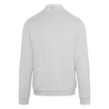 Back view of the Greg Norman Men’s Weatherknit Lined Quarter-Zip Wind Sweater in light grey, featuring long sleeves, ribbed cuffs and hem, soft fabric, a collar, and a small blue Greg Norman logo at the upper back.