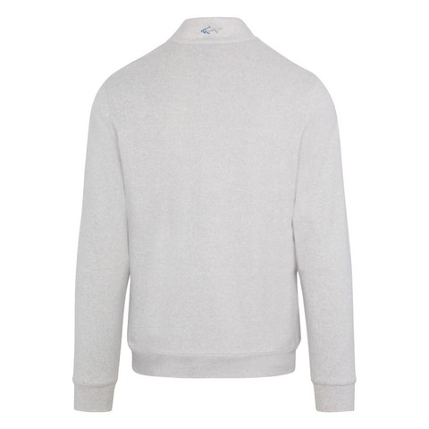 Back view of the Greg Norman Men’s Weatherknit Lined Quarter-Zip Wind Sweater in light grey, featuring long sleeves, ribbed cuffs and hem, soft fabric, a collar, and a small blue Greg Norman logo at the upper back.