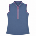 Greg Norman women's Drive Tipped sleeveless zip golf polo in Navy Horizon with pink striped trim, front view