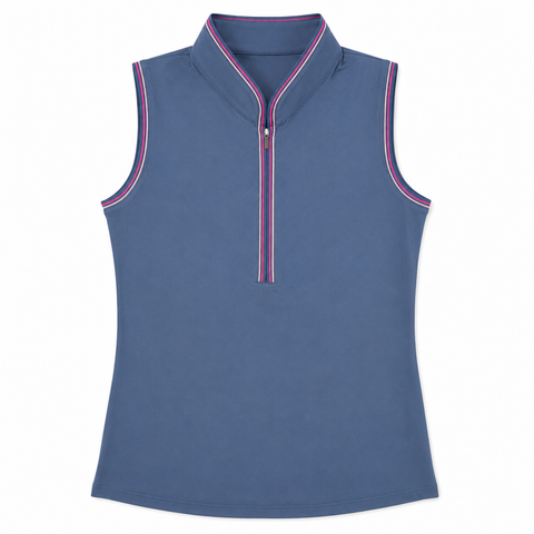 Greg Norman women's Drive Tipped sleeveless zip golf polo in Navy Horizon with pink striped trim, front view