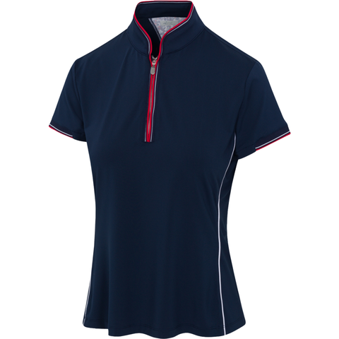 The Greg Norman Women’s ML75 Liberty Sculpted Collar Polo in navy features a zip-up mock neck, white side piping, and red and white trim on the zipper and cuffs for a sporty, polished look.