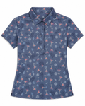 Greg Norman women's Martini Party golf polo in Navy Horizon with martini glass and citrus print, front view