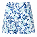 Greg Norman women's Palm Breeze 17-inch golf skort in white, navy and mint tropical print, front view