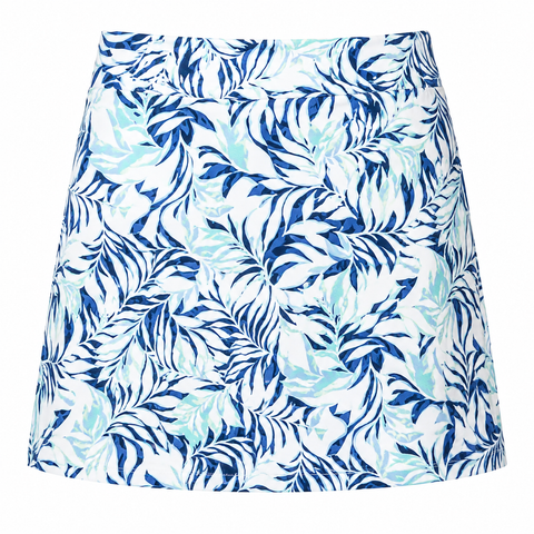 Greg Norman women's Palm Breeze 17-inch golf skort in white, navy and mint tropical print, front view