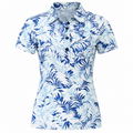 Greg Norman women's Palm Breeze golf polo in white, navy and mint tropical print, front view