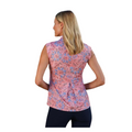 Back view of women's Greg Norman Perch Cap Sleeve Polo in pink with blue floral print, worn by a model. Features cap sleeves and a lightweight performance fabric.