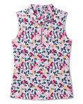Greg Norman women's Petal Impression sleeveless golf polo in white with pink, navy and apricot floral print, front view