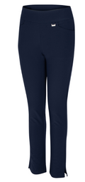 Sporte Leisure Greg Norman Women's Pull On Pants in navy feature a straight-leg fit, wide waistband, small front hem slit, moisture-wicking fabric, and a metallic logo by the right pocket—ideal women's golf pants.