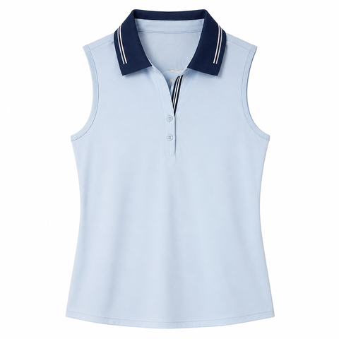 Greg Norman women's Rally Tipped sleeveless golf polo in Blue Haze with navy striped collar, front view