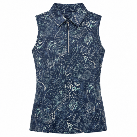 Greg Norman women's Tidal Drift sleeveless zip golf polo in Marina with abstract shell print, front view