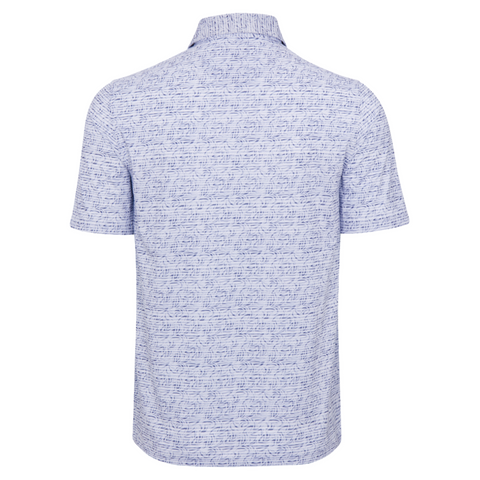 Back view of men's Greg Norman ML75 Adventure Stretch Polo, light blue with mist-like pattern, moisture-wicking stretch fabric, short sleeves.