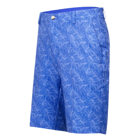 Greg Norman Tonal Palm Leaves shorts in a maritime blue color, featuring a subtle palm leaf pattern, shown in a side view.