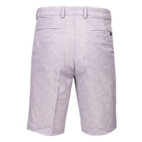 Greg Norman Tonal Palm Leaves shorts in a light grey color, featuring a subtle palm leaf pattern, shown in a back view.