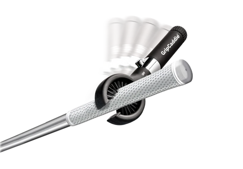 The GripCaddie Golf Grip Cleaner by GripCaddie is seen removing a gray golf club grip, with motion blur highlighting its twisting action for clean, high-performance grips.