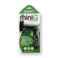 A packaged Groove-it Mini G Dry Scrubber by Grooveit features a black brush, retractable clip, and carabiner. The green and white box highlights this compact golf brush’s features and the brand’s social media at the bottom.