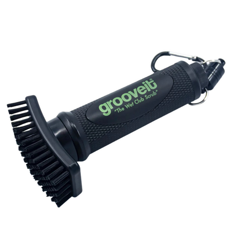 The Grooveit Wet Club Scrub Brush by Grooveit is a black handheld brush with stiff bristles, textured grip, green logo, carabiner, water dispensing nozzle, and efficient wet cleaning design for easy golf club maintenance.