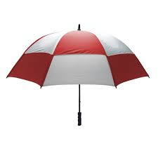 The Gustbuster Umbrella by Gustbuster is a windproof golf umbrella with red and white alternating panels, fully opened against a plain white background.