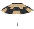 A black and beige striped Gustbuster Umbrella by Gustbuster is open and seen from above, featuring a straight black handle and patented wind-release technology for superior windproof performance.