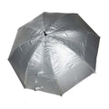 A fully opened Gustbuster Umbrella by Gustbuster is shown from above, featuring a shiny metallic canopy and radiating spokes with patented wind-release technology.
