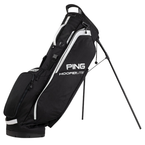 PING Hoofer 231 Lite Stand Carry Bag, black, featuring a lightweight design, sturdy stand, multiple zippered pockets, and a double strap for comfortable carrying. Prominent "PING" and "Hoofer Lite" logos on the side.