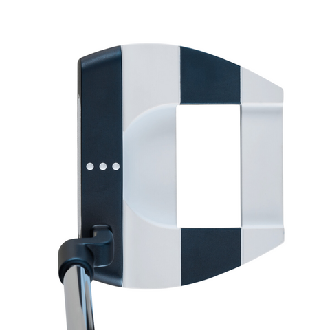 Jailbird Mini CH putter in address view, showcasing the putter's alignment from above. The large, square mallet design features a high-contrast navy blue and white color pattern, with three white alignment dots for easy aiming.