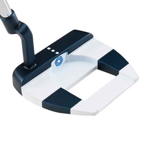 Jailbird Mini CH putter in back view, featuring a mallet head design with a navy blue and white color pattern. The putter has a bold alignment line and three white dots on the top for enhanced accuracy. The back cavity shows a white circular Odyssey logo.