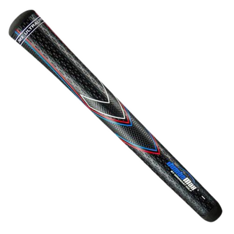 A close-up of a black, lightweight JumboMax JMX UltraLite golf grip with a textured surface and silver accents, labeled “JumboMax.”.