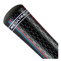 Close-up of a black JumboMax JMX UltraLite Grip, a lightweight golf grip from JumboMax with textured surface, blue and red stripes, JMX ULTRALITE label, and a rubber cap at one end.