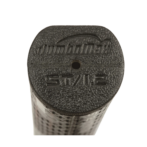 Close-up of the end of a JumboMax ST/1.2 Jumbo Putter Grip in red/black, with the brand name "JumboMax" embossed on the surface, similar to an oversized putter grip and featuring a small central hole.